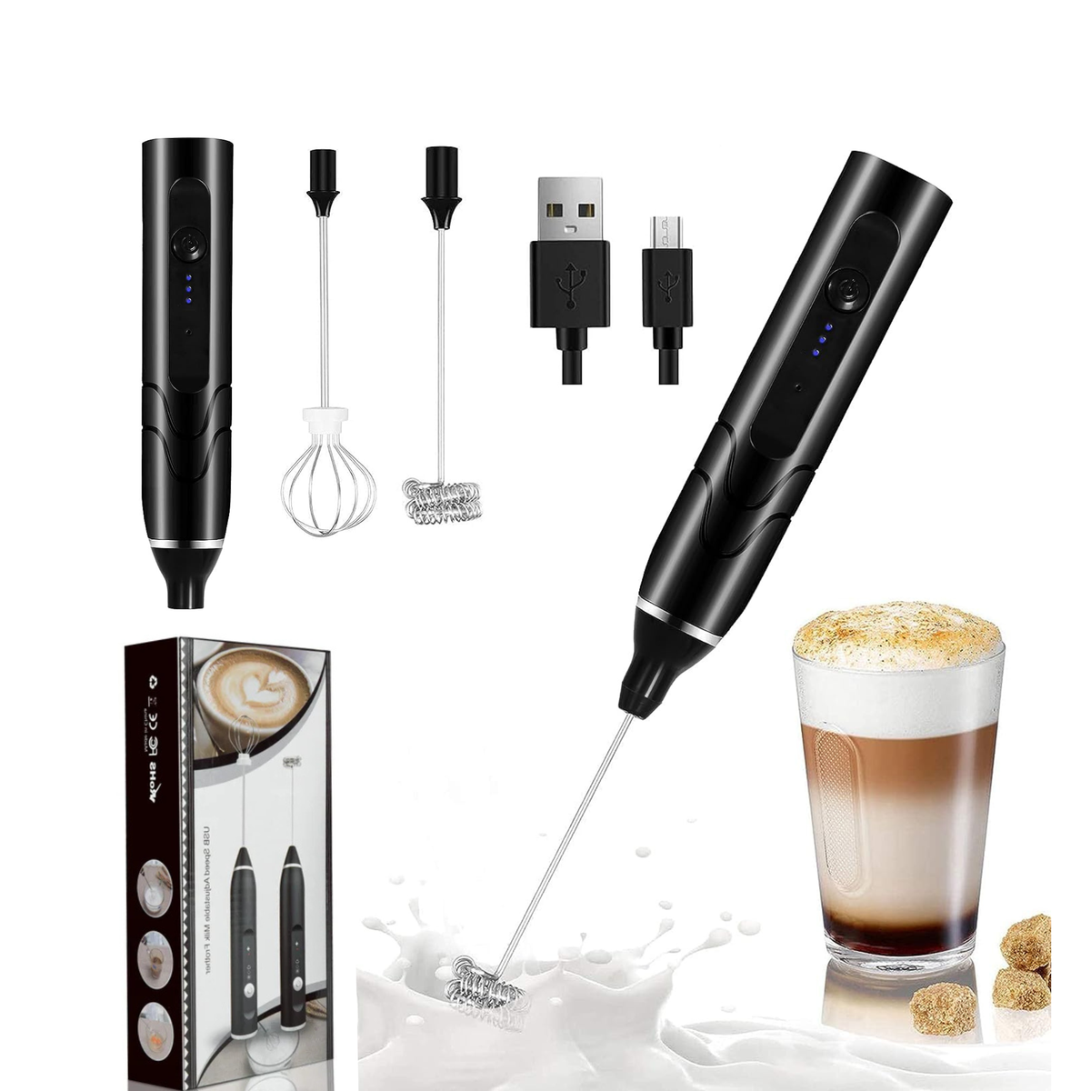 Rechargeable Coffee Beater Foam Maker with Double Whisk, Upgraded 3 Speeds Frother Handheld for Milk Coffee, Latte, Matcha