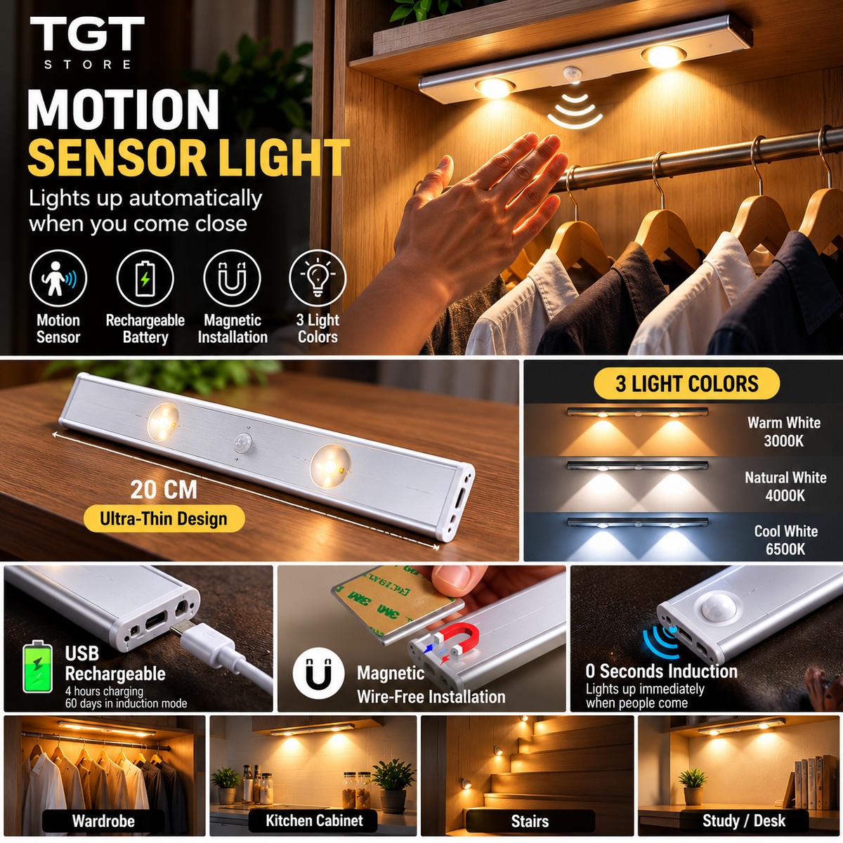 Rechargeable Thin Motion Sensor Light - 8 (INCHES) F