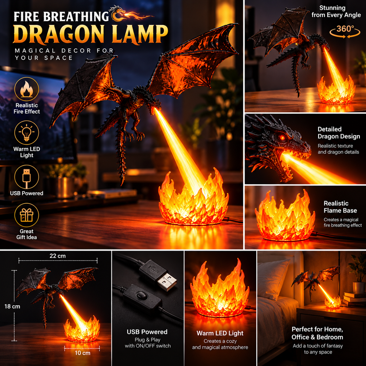 Fire Breathing Dragon LED Lamp β Magical Desk & Room Decor