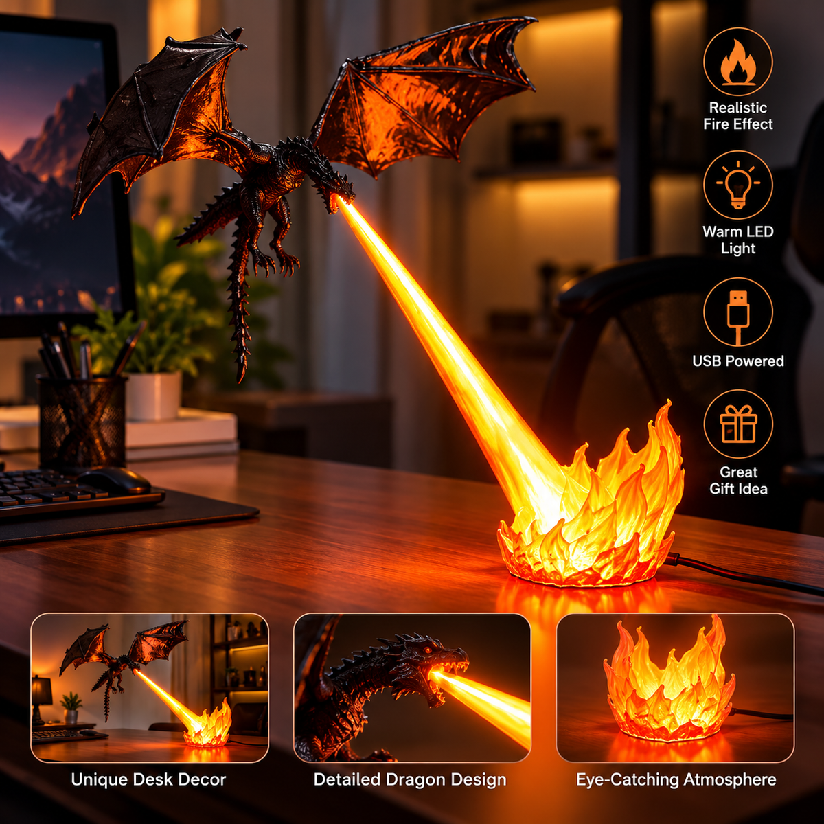 Fire Breathing Dragon LED Lamp β Magical Desk & Room Decor