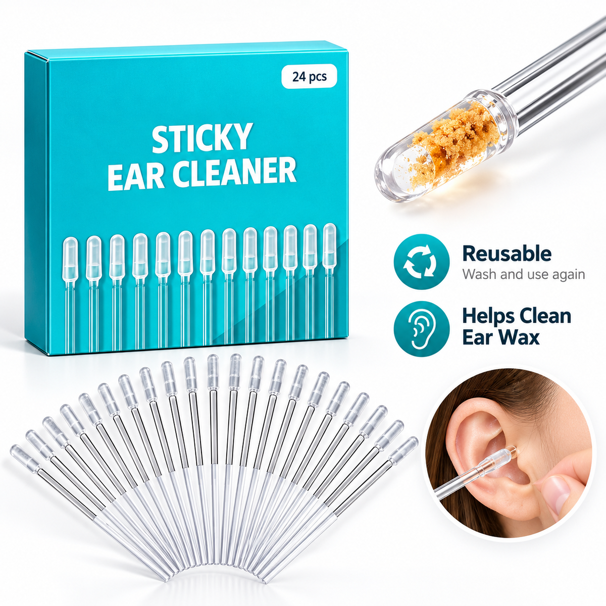 Sticky Ear Wax Cleaner – Pack of 24| Reusable & Washable Ear Cleaning Sticks