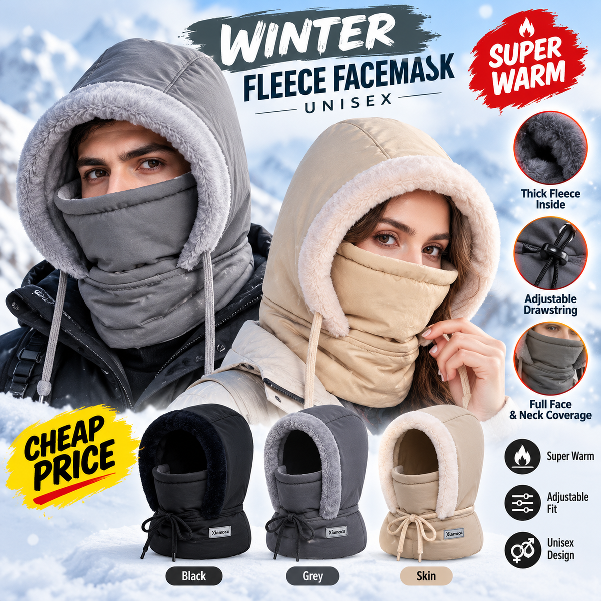 Winter Unisex Fleece Face Mask β Super Warm Adjustable Hooded Neck Warmer for Men & Women