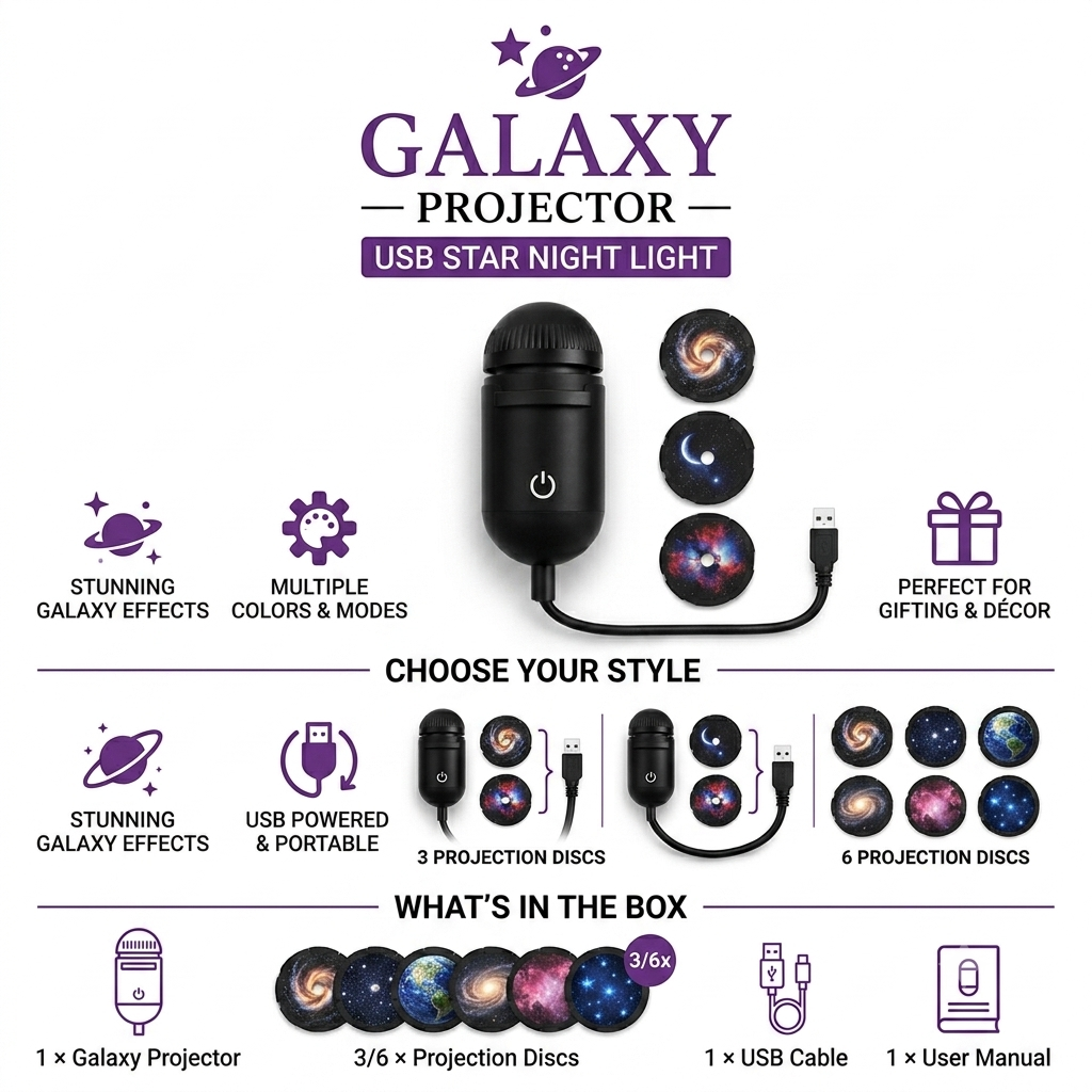 Galaxy Planet Projector Night Light with Sliding Projection Films