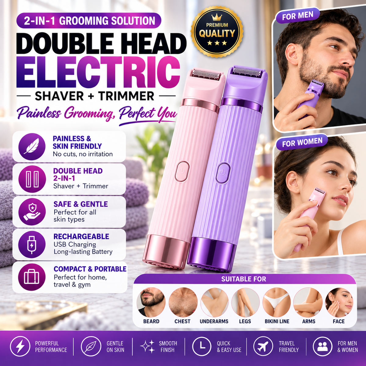 2-in-1 Electric Shaver & Trimmer – USB Rechargeable Double Head Hair Remover for Women & Men ( F)