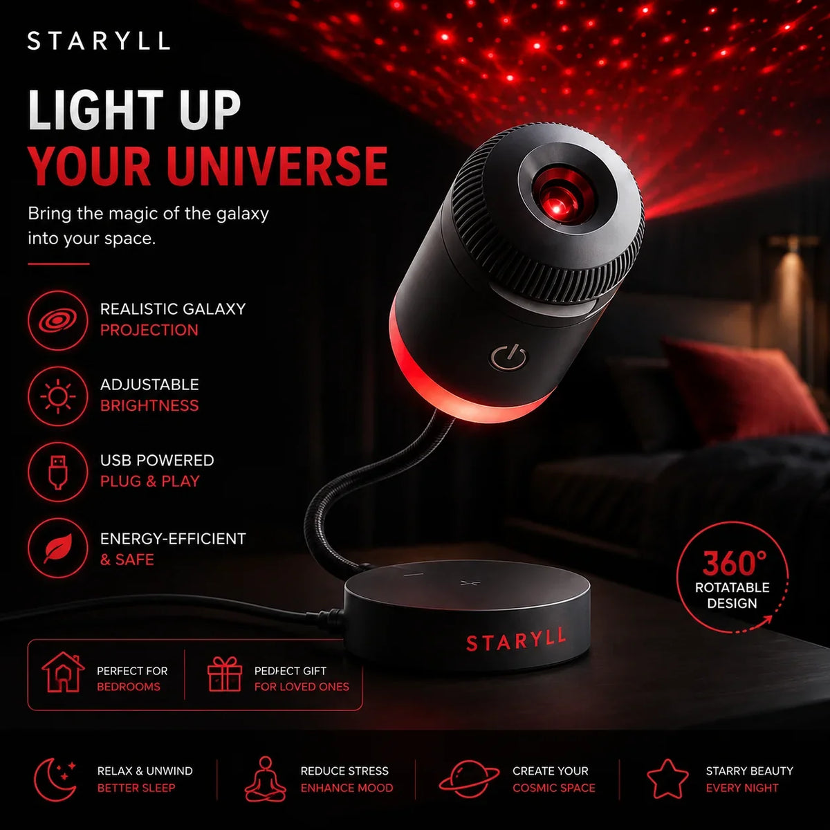 Galaxy Planet Projector Night Light with Sliding Projection Films- 3 In 1 (T)
